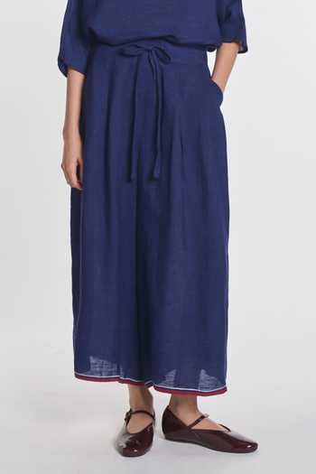 Payal Pratap_Blue Linen Anemone Elasticated Trouser _at_Aza_Fashions
