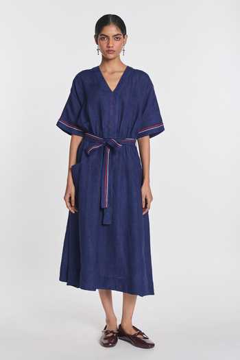 Buy_Payal Pratap_Navy Linen V-neck Willow Midi Dress With Belt _at_Aza_Fashions