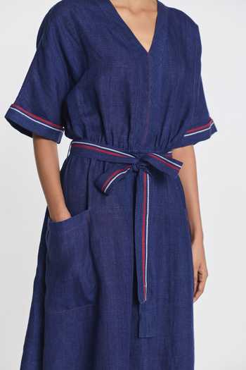 Buy_Payal Pratap_Navy Linen V-neck Willow Midi Dress With Belt _Online_at_Aza_Fashions