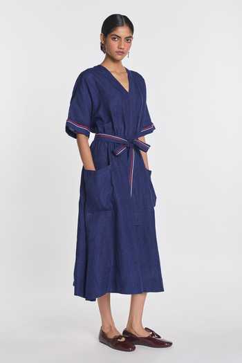 Shop_Payal Pratap_Navy Linen V-neck Willow Midi Dress With Belt _Online_at_Aza_Fashions