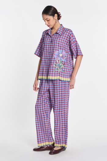 Payal Pratap_Purple Handloom Cotton, Linen Embroidery Collared Daffodils Gingham Shirt _Online_at_Aza_Fashions