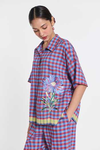 Buy_Payal Pratap_Purple Handloom Cotton, Linen Embroidery Collared Daffodils Gingham Shirt _at_Aza_Fashions