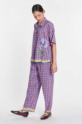 Buy_Payal Pratap_Purple Handloom Cotton, Linen Embroidery Collared Daffodils Gingham Shirt _Online_at_Aza_Fashions