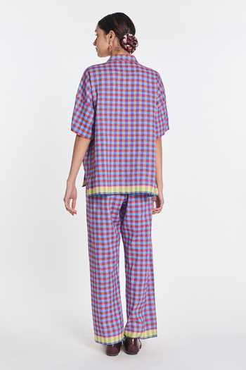 Shop_Payal Pratap_Purple Handloom Cotton, Linen Embroidery Collared Daffodils Gingham Shirt _at_Aza_Fashions
