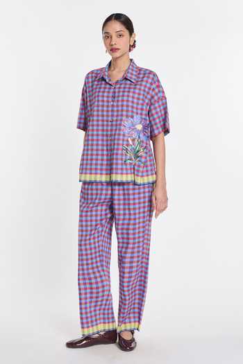 Shop_Payal Pratap_Purple Handloom Cotton, Linen Embroidery Collared Daffodils Gingham Shirt _Online_at_Aza_Fashions
