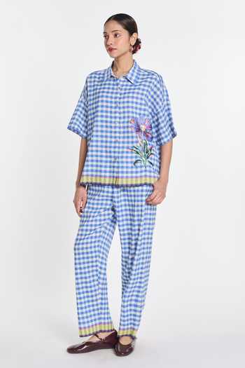 Buy_Payal Pratap_Blue Linen, Handloom Cotton Embroidery Collared Gingham Shirt _at_Aza_Fashions