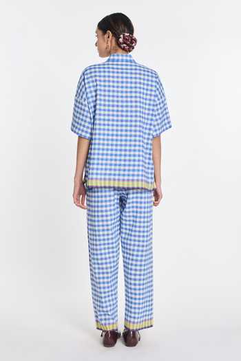 Shop_Payal Pratap_Blue Linen, Handloom Cotton Embroidery Collared Gingham Shirt _at_Aza_Fashions