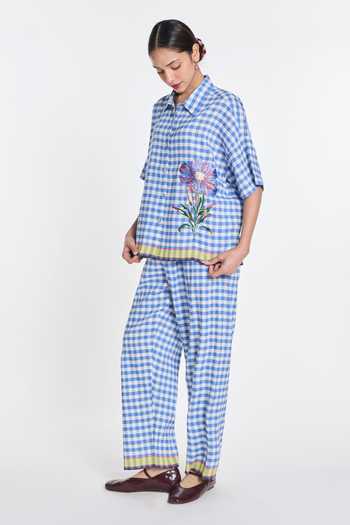 Buy_Payal Pratap_Blue Linen, Handloom Cotton Embroidery Collared Gingham Shirt _Online_at_Aza_Fashions