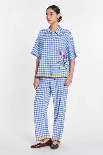 Shop_Payal Pratap_Blue Linen, Handloom Cotton Embroidery Collared Gingham Shirt _Online_at_Aza_Fashions