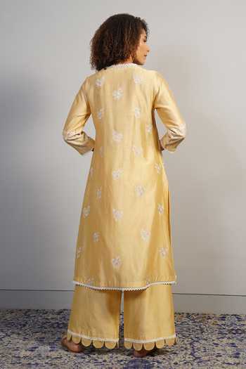 Shop_Samant Chauhan_Yellow Silk, Cotton Embroidery V-neck Floral Threadwork Kurta And Palazzo Set _at_Aza_Fashions