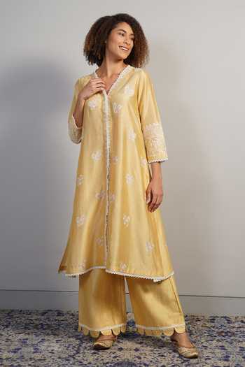 Buy_Samant Chauhan_Yellow Silk, Cotton Embroidery V-neck Floral Threadwork Kurta And Palazzo Set _at_Aza_Fashions