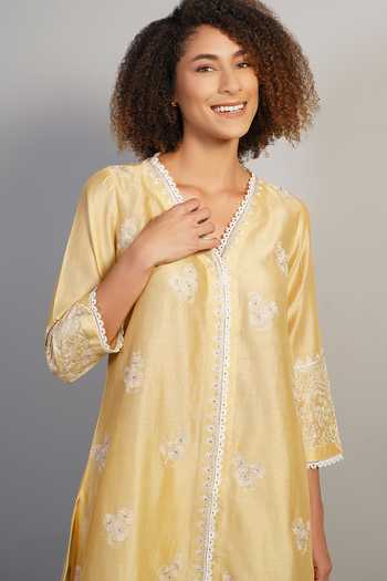 Shop_Samant Chauhan_Yellow Silk, Cotton Embroidery V-neck Floral Threadwork Kurta And Palazzo Set _Online_at_Aza_Fashions