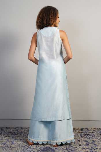 Shop_Samant Chauhan_Blue Silk, Cotton Embroidery, Ruffles V-neck, Yes Fine Threadwork Kurta Set _at_Aza_Fashions