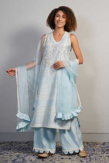 Buy_Samant Chauhan_Blue Silk, Cotton Embroidery, Ruffles V-neck, Yes Fine Threadwork Kurta Set _at_Aza_Fashions
