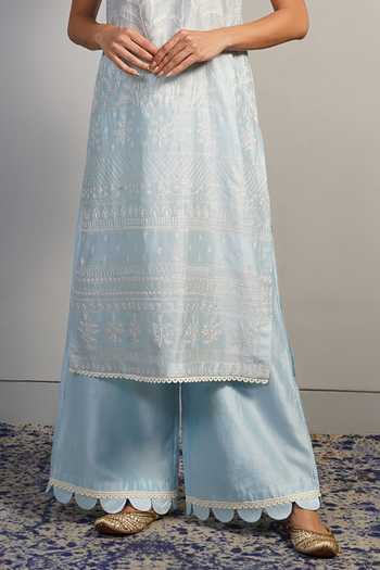 Samant Chauhan_Blue Silk, Cotton Embroidery, Ruffles V-neck, Yes Fine Threadwork Kurta Set _Online_at_Aza_Fashions