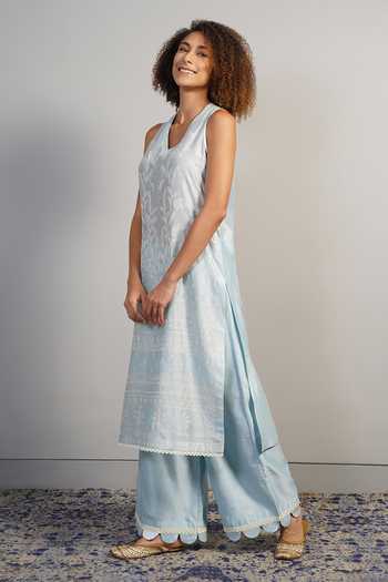 Buy_Samant Chauhan_Blue Silk, Cotton Embroidery, Ruffles V-neck, Yes Fine Threadwork Kurta Set _Online_at_Aza_Fashions