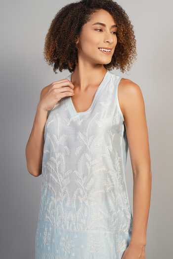 Shop_Samant Chauhan_Blue Silk, Cotton Embroidery, Ruffles V-neck, Yes Fine Threadwork Kurta Set _Online_at_Aza_Fashions