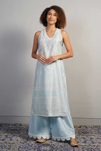 Samant Chauhan_Blue Silk, Cotton Embroidery, Ruffles V-neck, Yes Fine Threadwork Kurta Set _at_Aza_Fashions