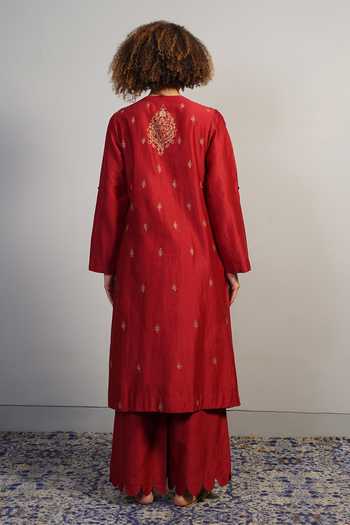 Shop_Samant Chauhan_Red Silk, Cotton Embroidery, Sequins Round Neck Threadwork Kurta Set _at_Aza_Fashions