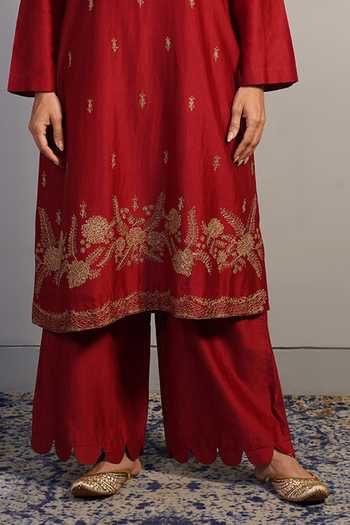 Shop_Samant Chauhan_Red Silk, Cotton Embroidery, Sequins Round Neck Threadwork Kurta Set _Online_at_Aza_Fashions
