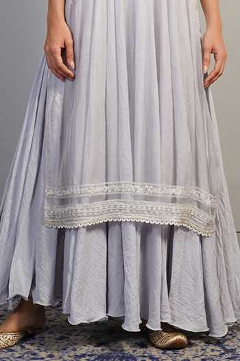 Buy_Samant Chauhan_Grey Silk, Cotton Embroidery, Lace Keyhole Floral Threadwork Kurta And Skirt Set _Online_at_Aza_Fashions