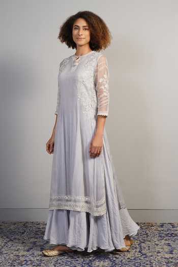 Shop_Samant Chauhan_Grey Silk, Cotton Embroidery, Lace Keyhole Floral Threadwork Kurta And Skirt Set _Online_at_Aza_Fashions
