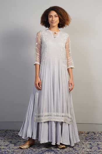 Samant Chauhan_Grey Silk, Cotton Embroidery, Lace Keyhole Floral Threadwork Kurta And Skirt Set _at_Aza_Fashions