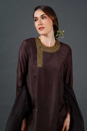 Shop_Samant Chauhan_Brown Silk Embroidery, Sequins Round Neck, Yes Ornate Threadwork Kurta Set _Online_at_Aza_Fashions