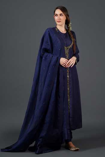 Buy_Samant Chauhan_Blue Silk Zari, Embroidery Round Neck Threadwork Kurta Set _at_Aza_Fashions