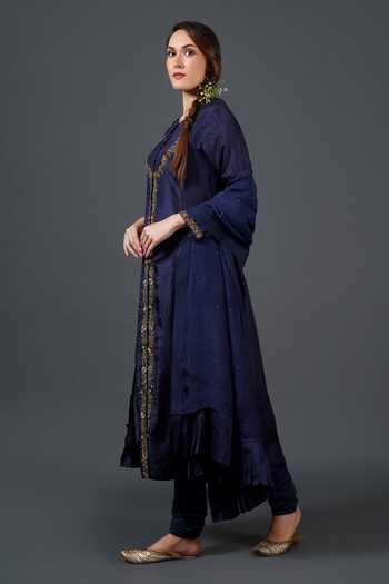 Shop_Samant Chauhan_Blue Silk Zari, Embroidery Round Neck Threadwork Kurta Set _Online_at_Aza_Fashions