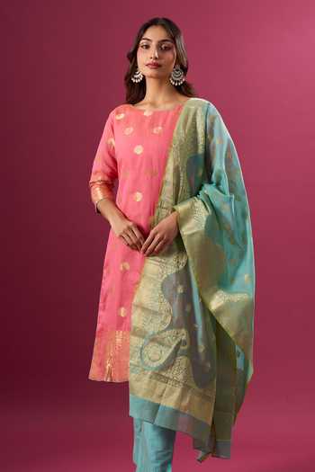 Buy_Khwaab By Sanjana Lakhani_Pink Silk Zari Round Neck Butti Pattern Art Kurta Set _Online_at_Aza_Fashions