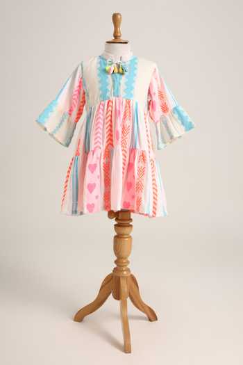 Minime Organics_Off White Cotton Tassels Dori And Print Dress _Online_at_Aza_Fashions