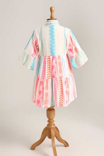 Shop_Minime Organics_Off White Cotton Tassels Dori And Print Dress _at_Aza_Fashions