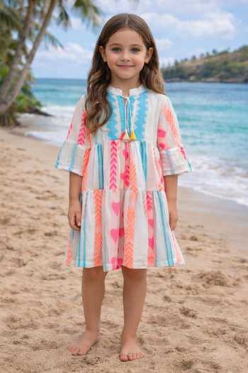 Buy_Minime Organics_Off White Cotton Tassels Dori And Print Dress _at_Aza_Fashions