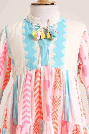 Buy_Minime Organics_Off White Cotton Tassels Dori And Print Dress _Online_at_Aza_Fashions
