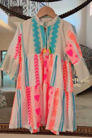Shop_Minime Organics_Off White Cotton Tassels Dori And Print Dress _Online_at_Aza_Fashions