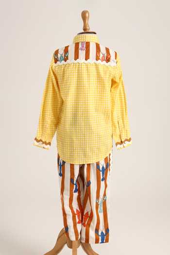Shop_MINIME ORGANICS_Yellow Cotton Lace Chequered Shirt And Stripe Print Pant Set _at_Aza_Fashions