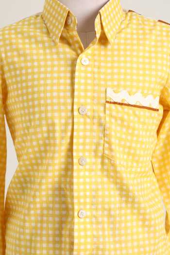 MINIME ORGANICS_Yellow Cotton Lace Chequered Shirt And Stripe Print Pant Set _Online_at_Aza_Fashions