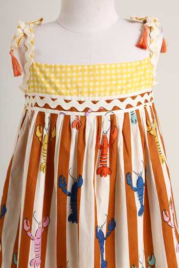 Minime Organics_Brown Cotton Tassels, Lace Stripe Print Dress _Online_at_Aza_Fashions