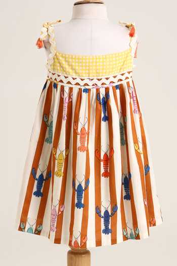 Shop_Minime Organics_Brown Cotton Tassels, Lace Stripe Print Dress _at_Aza_Fashions