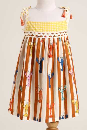 Buy_Minime Organics_Brown Cotton Tassels, Lace Stripe Print Dress _at_Aza_Fashions