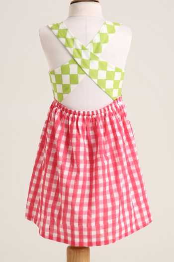 Shop_Minime Organics_Pink Cotton Embroidery Chequered Pattern Dress _at_Aza_Fashions