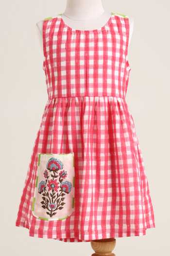 Buy_Minime Organics_Pink Cotton Embroidery Chequered Pattern Dress _at_Aza_Fashions