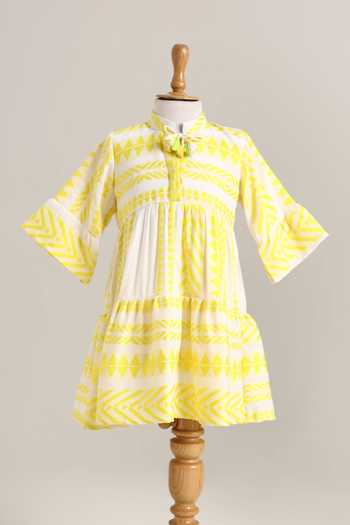 Buy_Minime Organics_Yellow Cotton Tassels Aztec Print Dress _at_Aza_Fashions