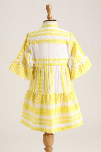 Shop_Minime Organics_Yellow Cotton Tassels Aztec Print Dress _at_Aza_Fashions