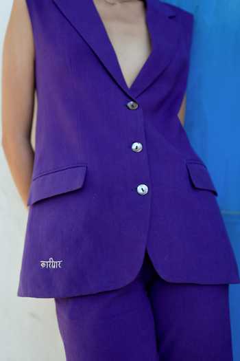 Raasa_Purple Handloom Cotton Plunge Neck Deep Amethyst Waistcoat And Trouser Set _Online_at_Aza_Fashions