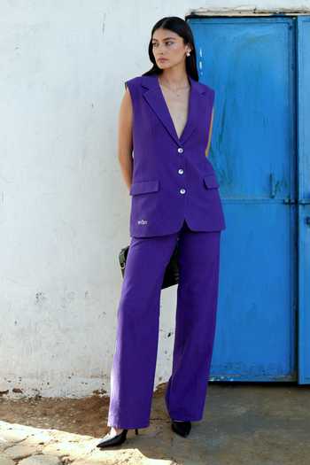 Buy_Raasa_Purple Handloom Cotton Plunge Neck Deep Amethyst Waistcoat And Trouser Set _Online_at_Aza_Fashions