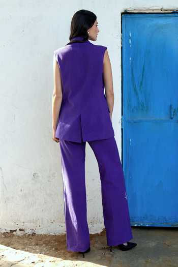Shop_Raasa_Purple Handloom Cotton Plunge Neck Deep Amethyst Waistcoat And Trouser Set _at_Aza_Fashions