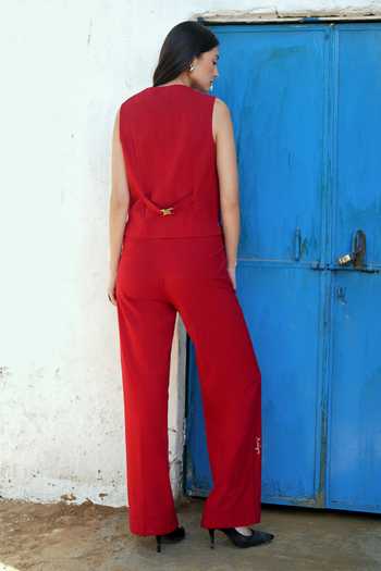 Shop_Raasa_Red Handloom Cotton V-neck Scarlet Letter Waistcoat _at_Aza_Fashions