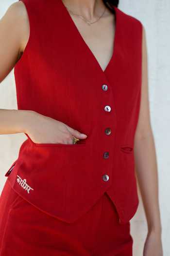 Raasa_Red Handloom Cotton V-neck Scarlet Letter Waistcoat _Online_at_Aza_Fashions